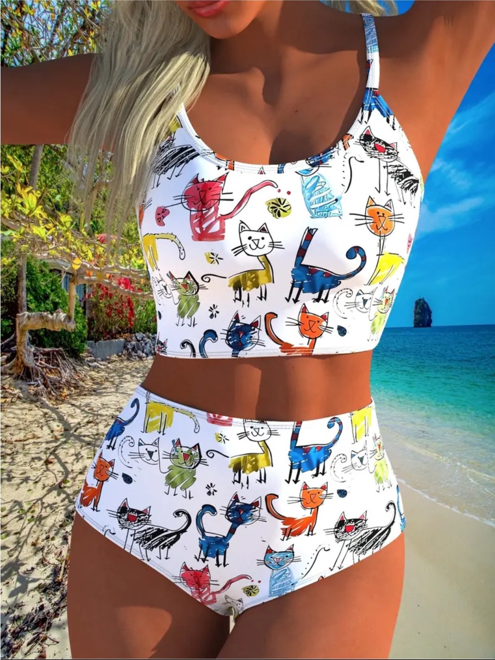 White Cat-Print High Waist Bikini Set - Playful Multicolor Cats